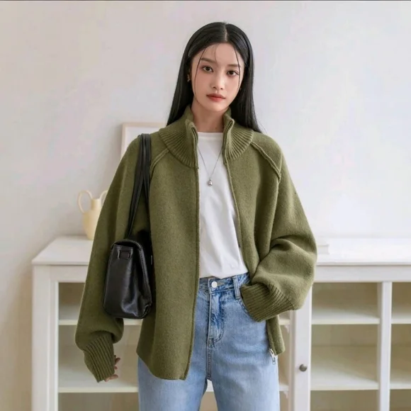 Zippered Mock Neck Cardigan ▪︎ Army Green ▪︎ LG - Picture 4 of 16